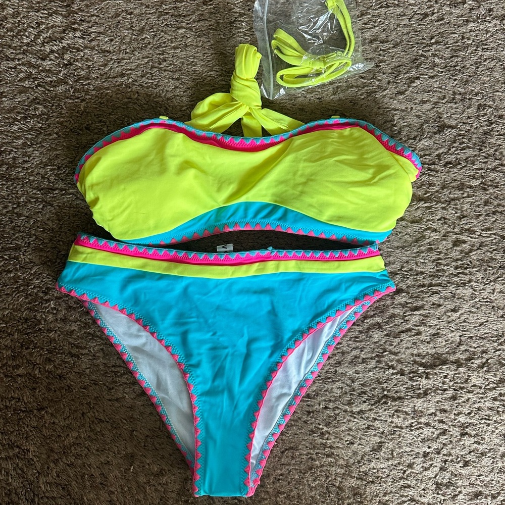 Neon Yellow & Aqua Two-Piece Bikini Set - Women's Swim